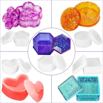 

Resin Silicone Mold, Jewelry Storage Casting Box DIY Making Mould with Lid Heart Hexagon Square Cylinder Flower Shape