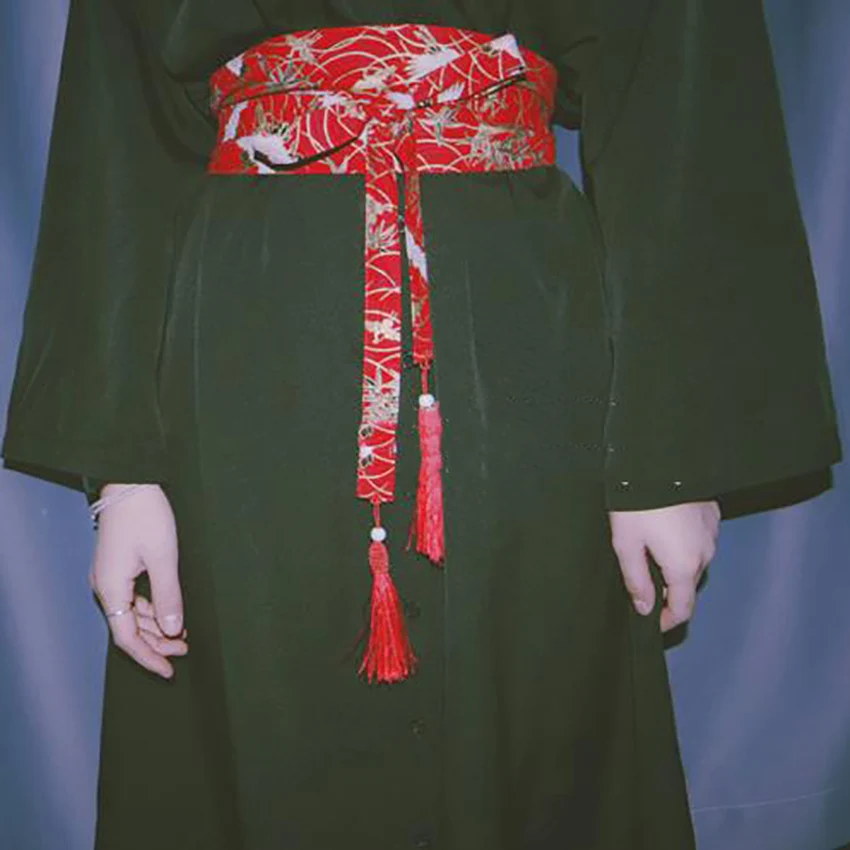 Japanese Style Women Kimono Dress Belt Floral Crane Haori Obi Dresses Men Waistband Traditional Ukiyo-e Streetwear Accessories