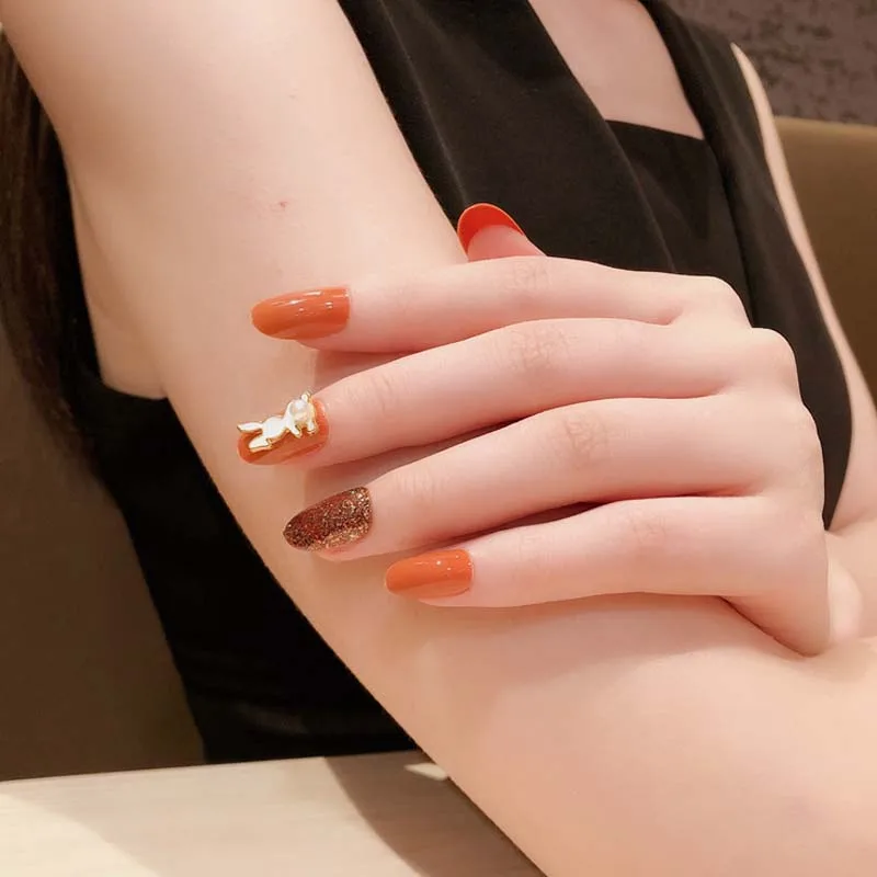 24Pcs Full Cover stick on nails Glitter Orange Fake Nail Shiny Solid Color Detachable 3D Rabbit Bride artificial nails with glue