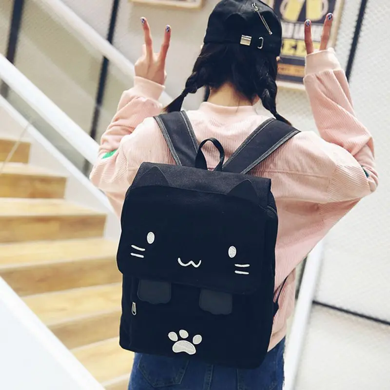 BEAU-fashion Cute Cat Embroidery Canvas Student bag Cartoons Women Backpack Leisure School bag