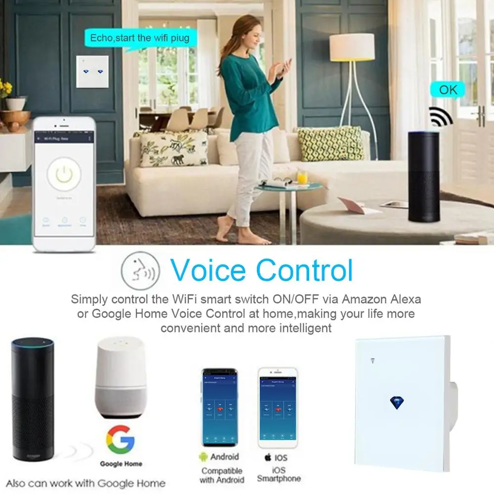 Teekar Wall Touch Sensor Smart Switch,EU/UK Standard Light Switch,switch power,Glass Panel,For Alexa Google Home Diamond Pattern