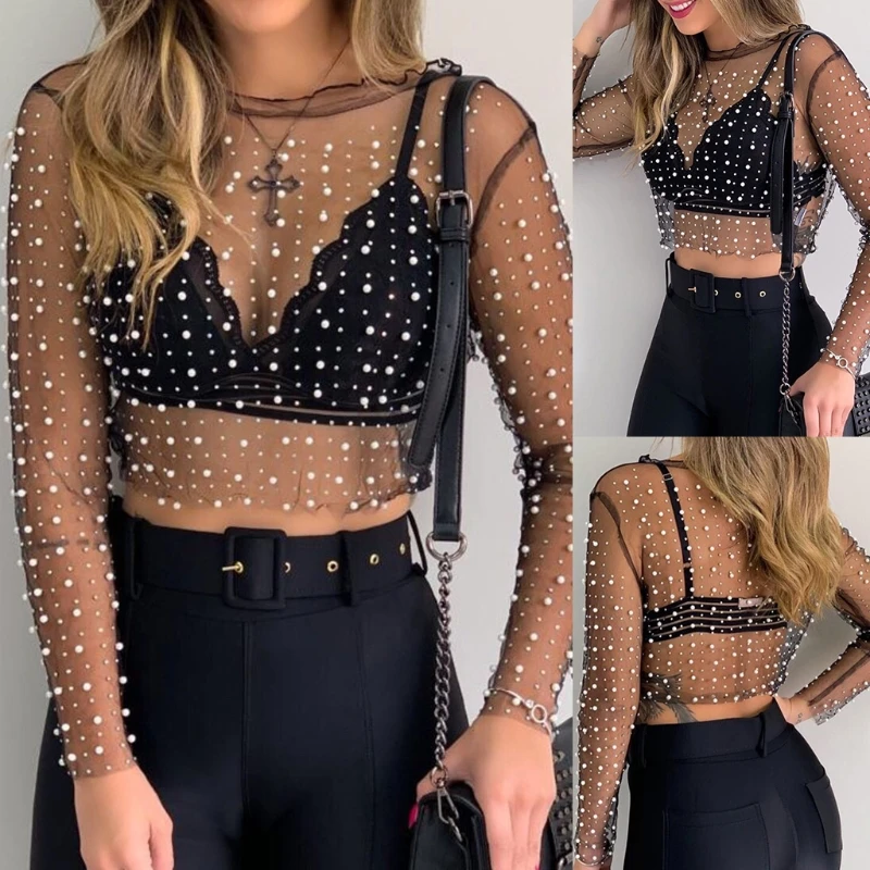 Womens Long Sleeve Sheer Mesh Crop Top Shiny Pearls Rhinestone Oneck