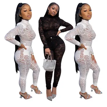 

Sexy Lace Mesh Sheer Two Piece Set 2020 Spring Clothes Top + Pant Suit Club Party Night Birthday Outfits For Women Matching Sets