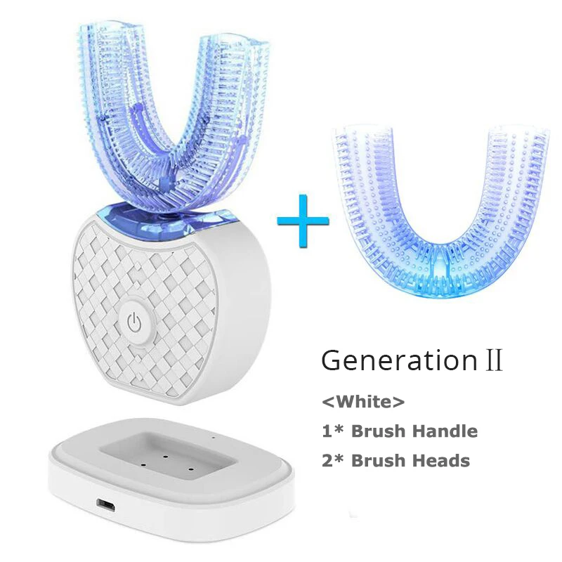 Gen2 With 2 Heads WT Автоматическая электрическая зубная щетка перезаряжаемая 360 градусов зубная щетка u-образная головка 4 режима чистки синий светильник - Цвет: Gen2 With 2 Heads WT