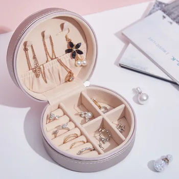 

Mini Round Zipper Jewelry Box PU Portable Travel Jewelry Storage Organizer Woman Earring Necklace Ring Jewelry Organizing Boxes