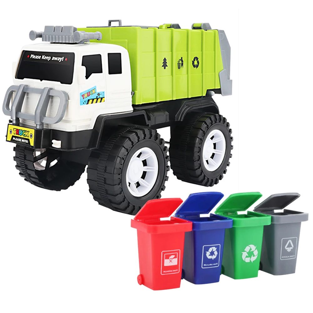 2020 NewChildren Alloy Car Model Diecast City Cleaning Garbage Truck Sound Light Pull Back Toys Gift with 4 Waste Recycling Bins | Игрушки и