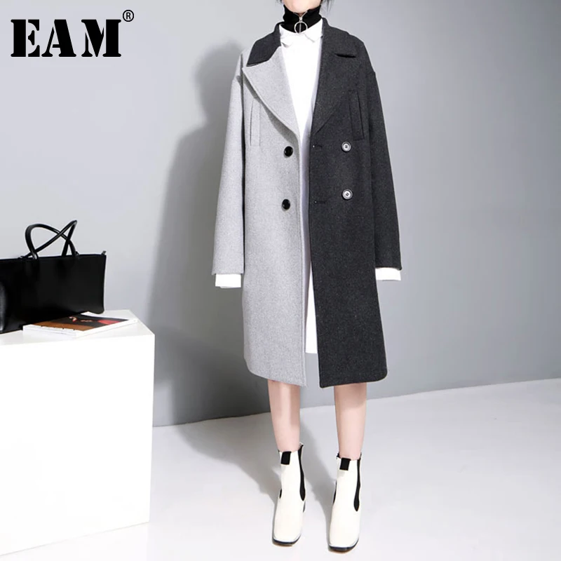 Big-Size Jacket Women Spring EAM Long-Sleeve Black Fashion New Lapel Gray Solid Loose