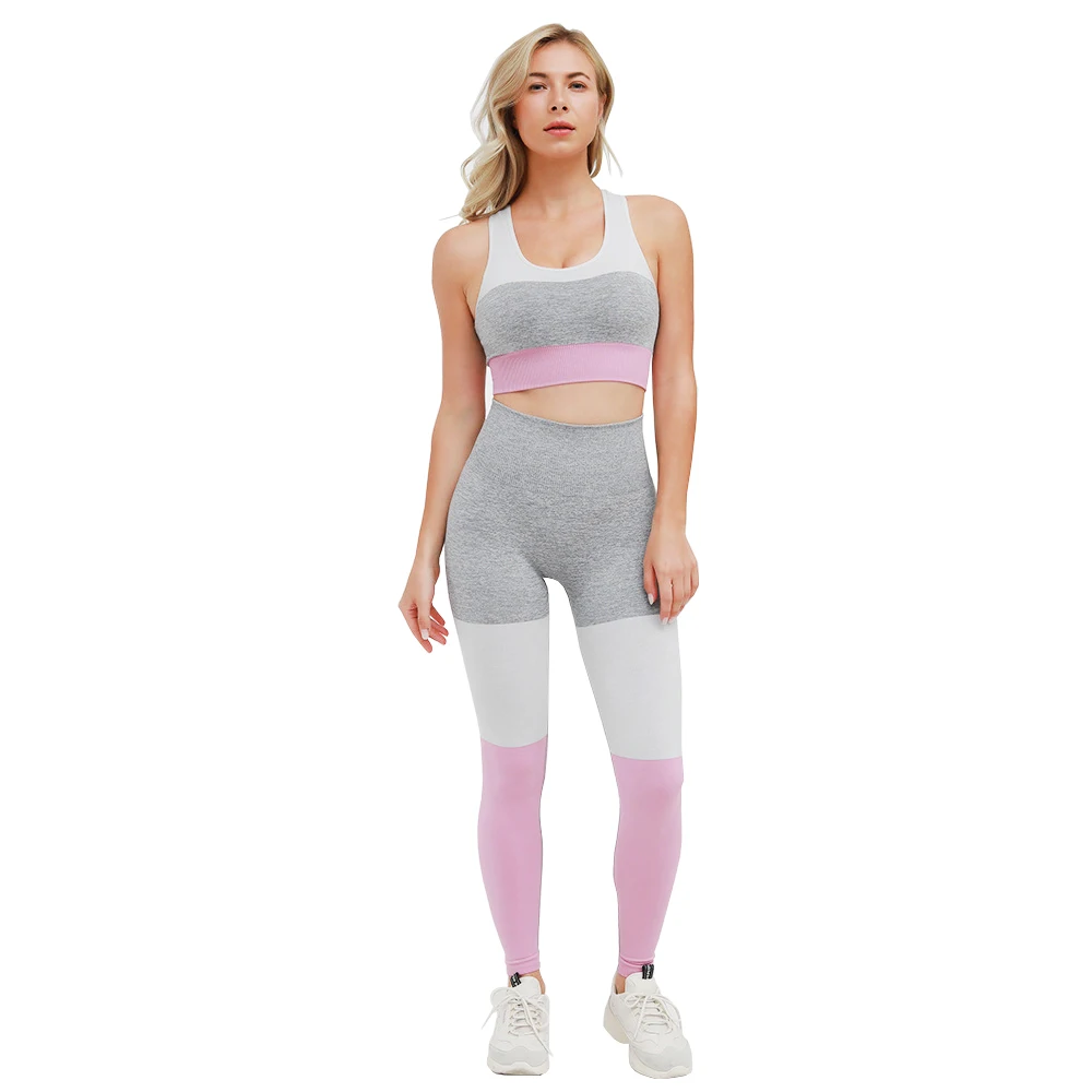 

AlphaGym Seamless Sport Set 3-color Stitching Sports Bra Leggings Gym Fitness Clothing Pro Workout Clothes for Women Pink Blue