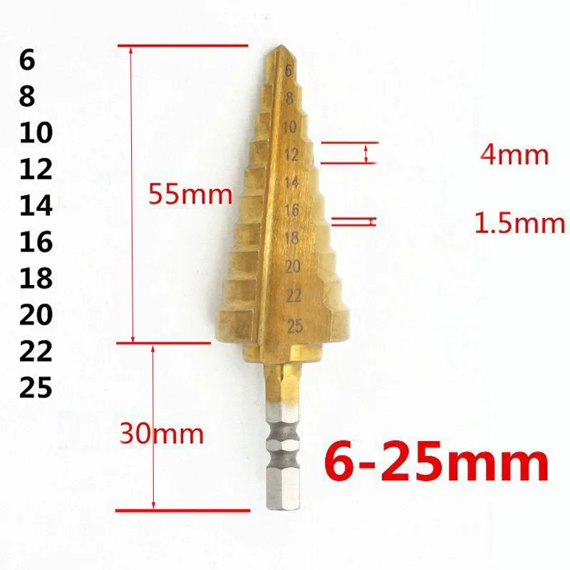 Шестигранное ступенчатое сверло из стали, пагода, сверло с титановым покрытием, электрическое сверло, сверло с конусным отверстием для металла, дерева