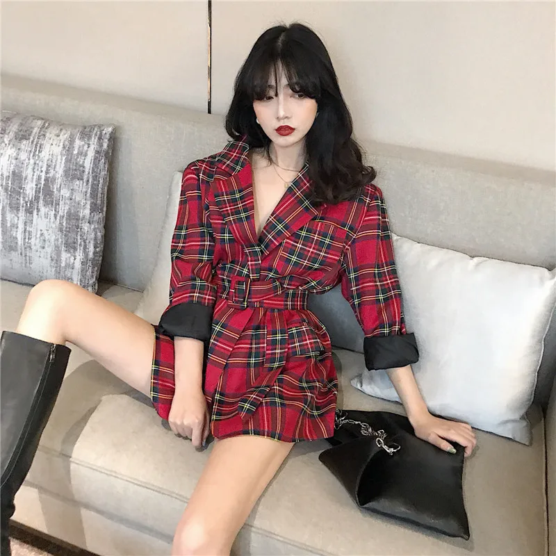 Модный Красный блейзер для женщин Осень корейский стиль винтаж шик плед тонкий ремень длинный Костюмный пиджак blaser feminino C92