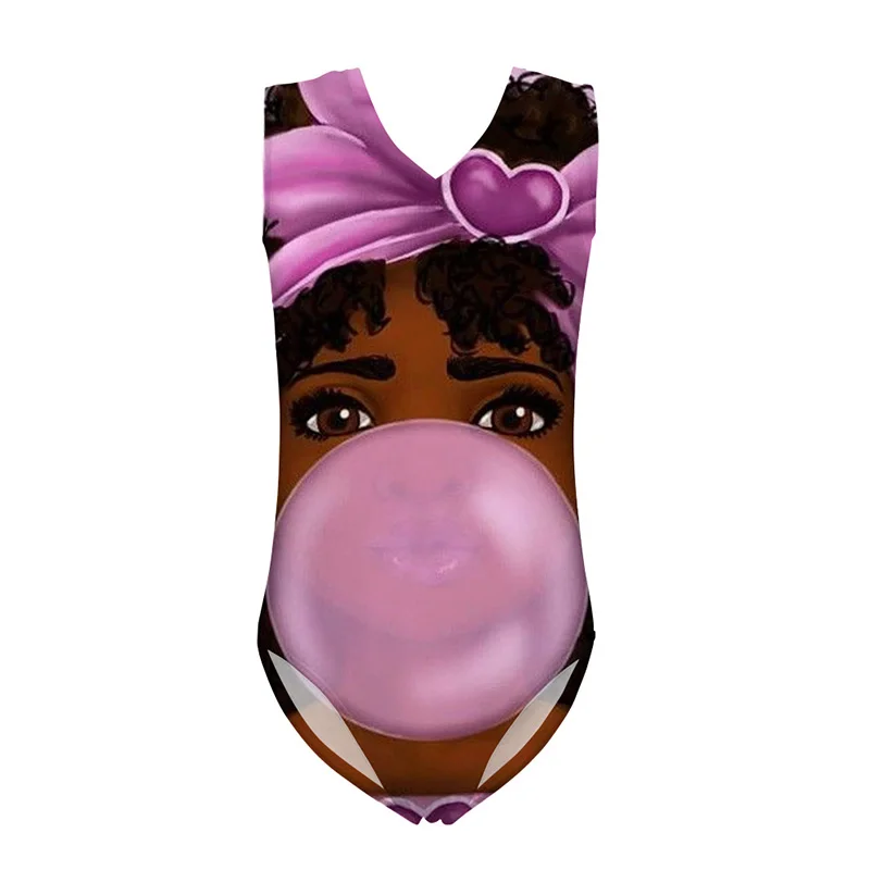 

HYCOOL Cute African Black Girl Blowing Bubble Gum Pattern One Piece Swimsuit Teenager Girls Swimwear Kids Bathing Swimming Suit