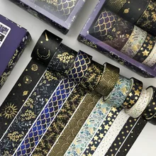 Lot de 10 bandes adhésives Washi, noir et or, Vintage, ruban de masquage galaxie, mignon, autocollant décoratif, pour Scrapbooking, papeterie pour journal intime, DIY bricolage