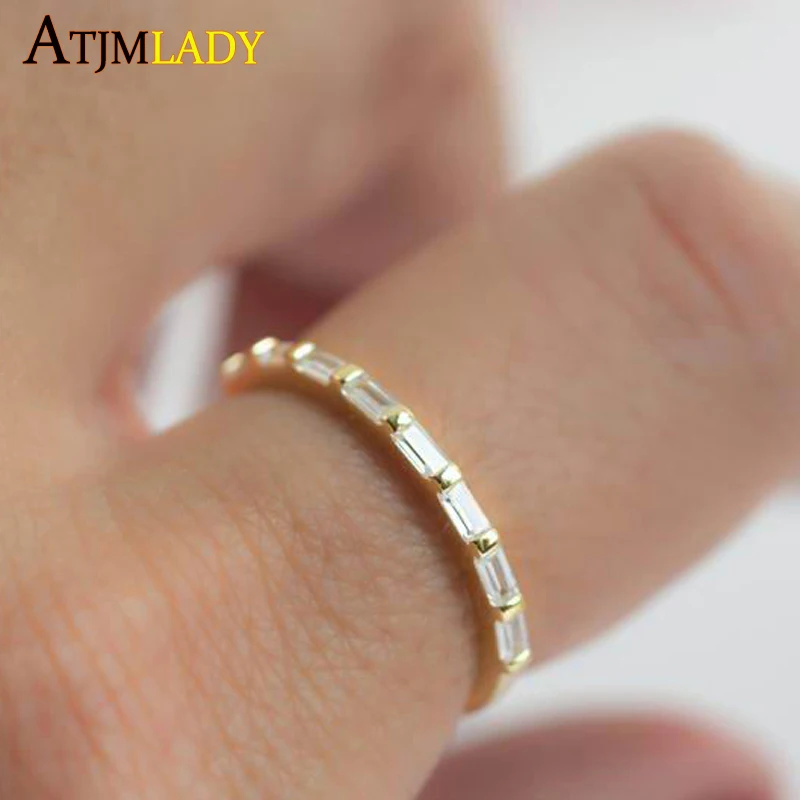 925 Sterling Silver Baguette Cubic Zirconia CZ Eternity Band Finger Ring For Women Minimal Delicate Gold Color Vermeil Jewelry