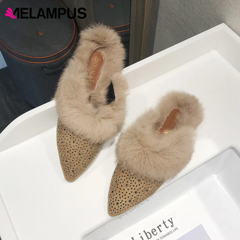 2019 женские меховые тапочки Baotou сезон весна-осень Модные теплые с острым носком на