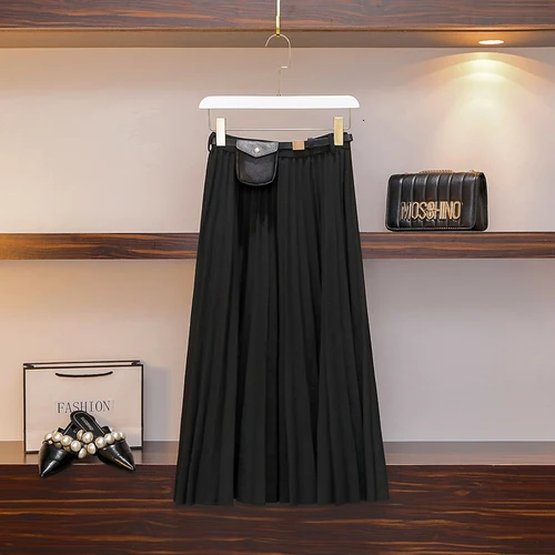 Skirt1807withbelt Размера плюс, Женский твидовый Кардиган большого размера, пальто и плиссированная длинная юбка, комплект с поясом, Дамский зимний комплект из 2 предметов, корейские костюмы - Цвет: Skirt1807withbelt