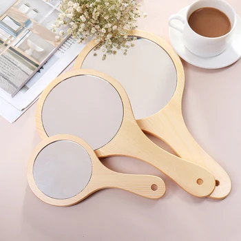 

Big Round Wood Vintage Hand Mirror Makeup Vanity Mirror Portable Cosmetic Make Up Compact Mirrors With Handle For Women