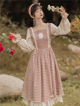 

Vintage Chinese Style Plaid Dress Mori Girl Square Collar Petal Sleeve Prairie Chic Women Retro Vestidos Faldas Autumn Spring