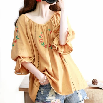 

Original Design AIGYPTOS Spring Summer Women Clothes Mori Girl Sweet Shirts Korean Cute Embroidery Cotton Linen Yellow Blouses
