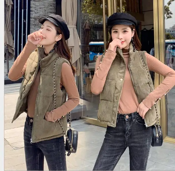 corduroy Autumn Winter Women Vest Fashion Down Cotton Waistcoat Female Stand-Collar Slim Button Short Vest Mujer M063 - Color: Army Green