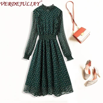 

VERDEJULIAY Vintage Dots Dress 2020 Autumn Spring New Fashion Designer Long Sleeve Ruffles Green Black Elegant Long Dress Women