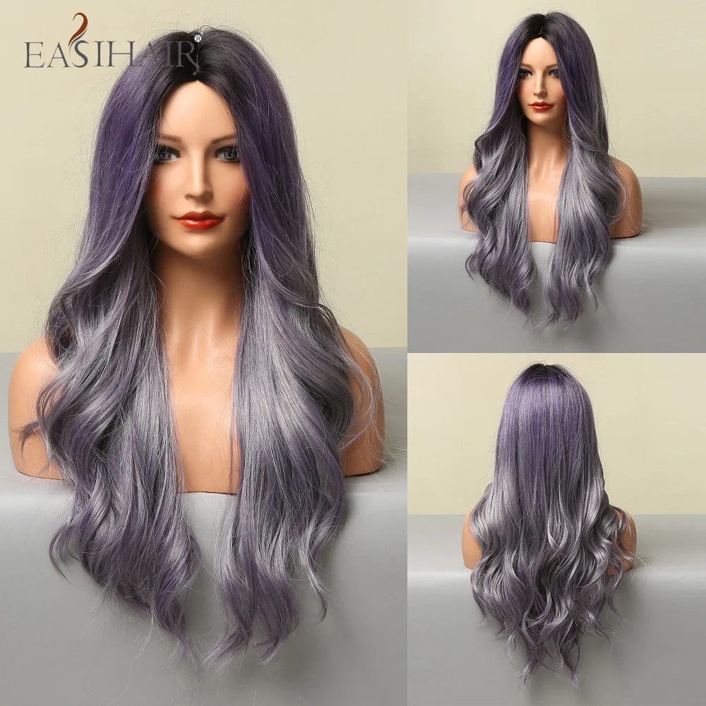 Resistentes ao Calor da Parte Média da Fibra Colorida para Mulheres Longas da Onda de Easihair com Raízes Escuras do Cabelo Perucas Negras Vermelhas Sintético 19 High Quality Apliques e perucas