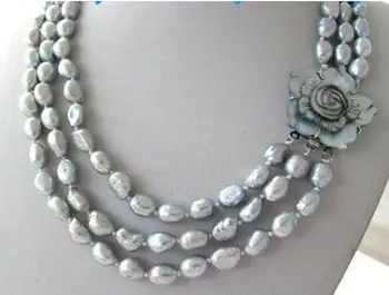 

Hot sale new Style >triple strands 10-11mmbaroque silver grey pearl necklace 17"18"19"
