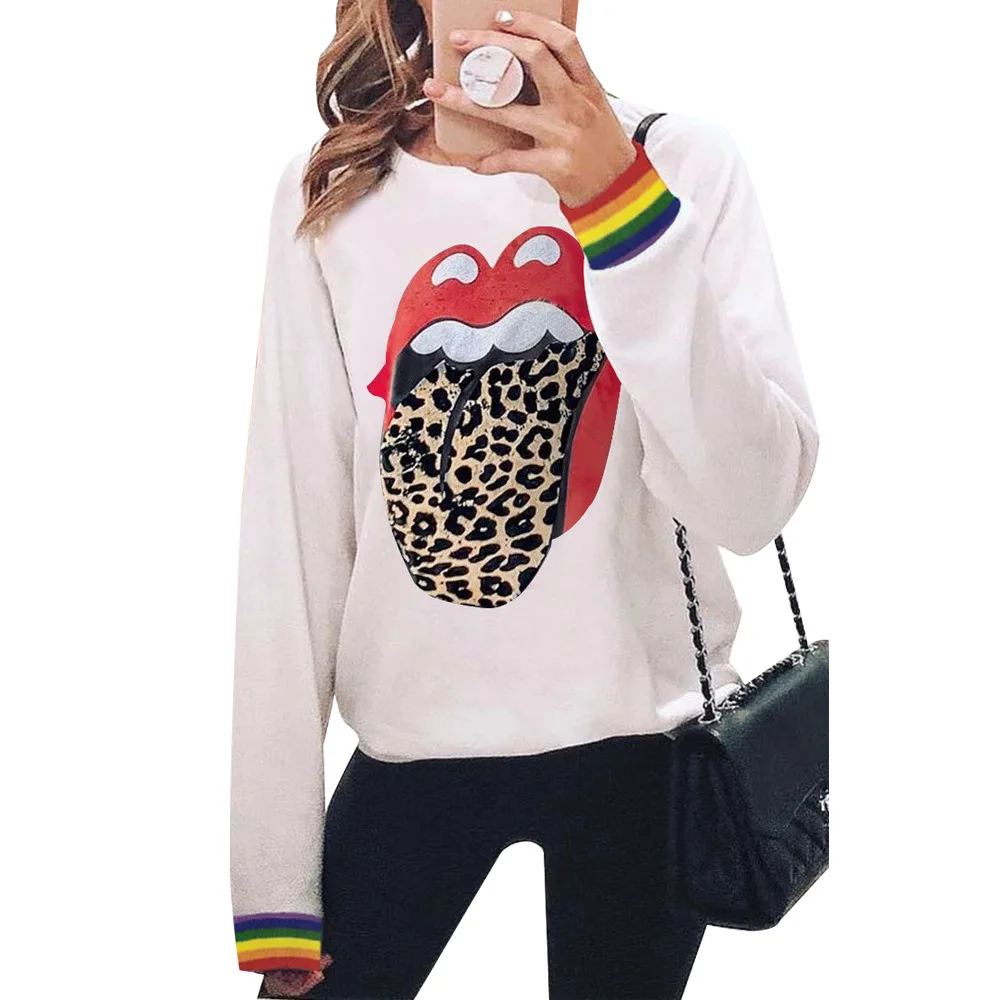 

2019 New Autumn Fashion Women Long Sleeve O Neck Sweatshirts Tiger Head Leopard Lip Print Hoodies