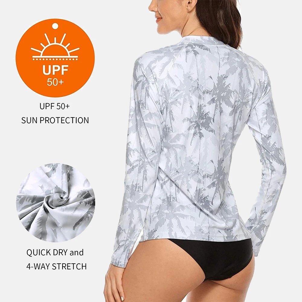 Charmleaks Women's Rashguard Top Long Sleeves Zip Front Swim Shirt Sun Protection UPF 50+ Floral Print