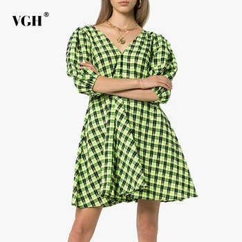 

VGH Casual Loose Plaid Women Dress V Neck Puff Half Sleeve High Waist Ruched Hit Color Backless Mini Dresses For Female Fashion