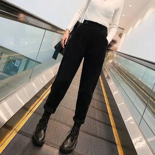 Новинка осень зима женские повседневные брюки хлопок вельвет шаровары Высокая талия свободные брюки плюс размер женские брюки S240 - Цвет: Black