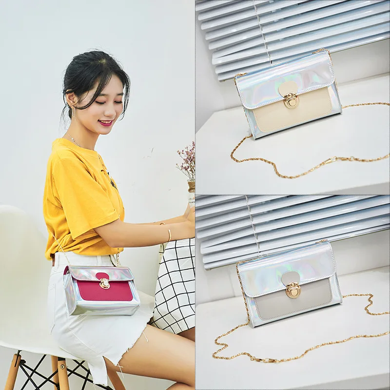 

Manufacturers Direct Selling Shoulder Bag 2019 New Style Contrast Color Cool Mobile Phone Change Lock Laser Chain Shoulder Bag