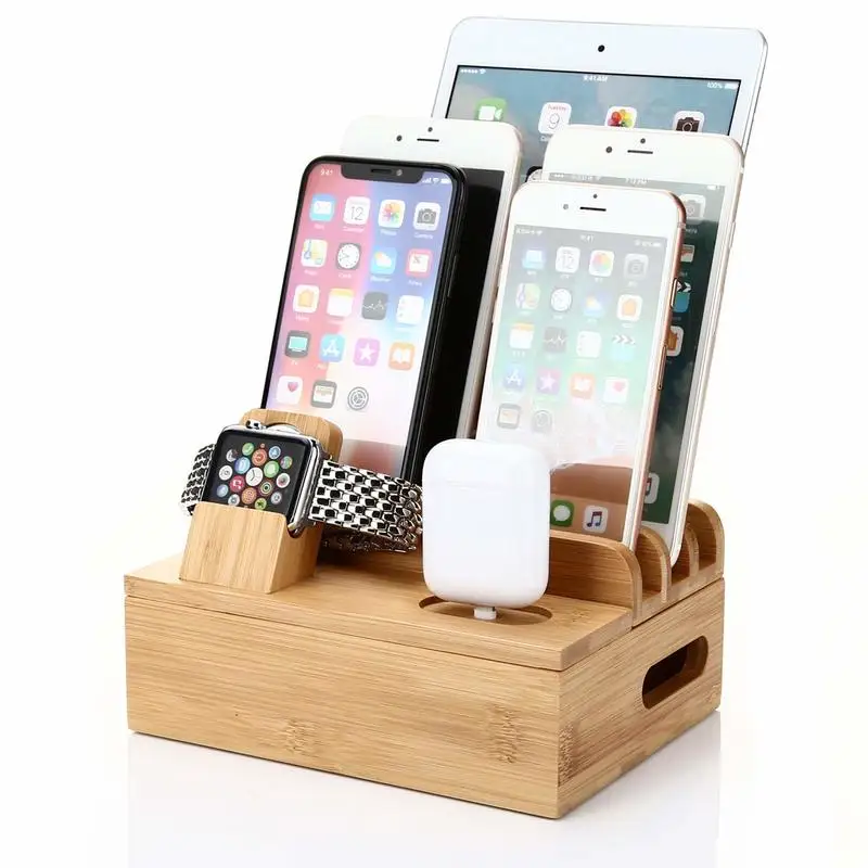 

3 In 1 Charging Docks Station Stand for Apple Watch Series 4/3/2/1 Natural Bamboo Charger Phone Holder for Iphone for Airpod