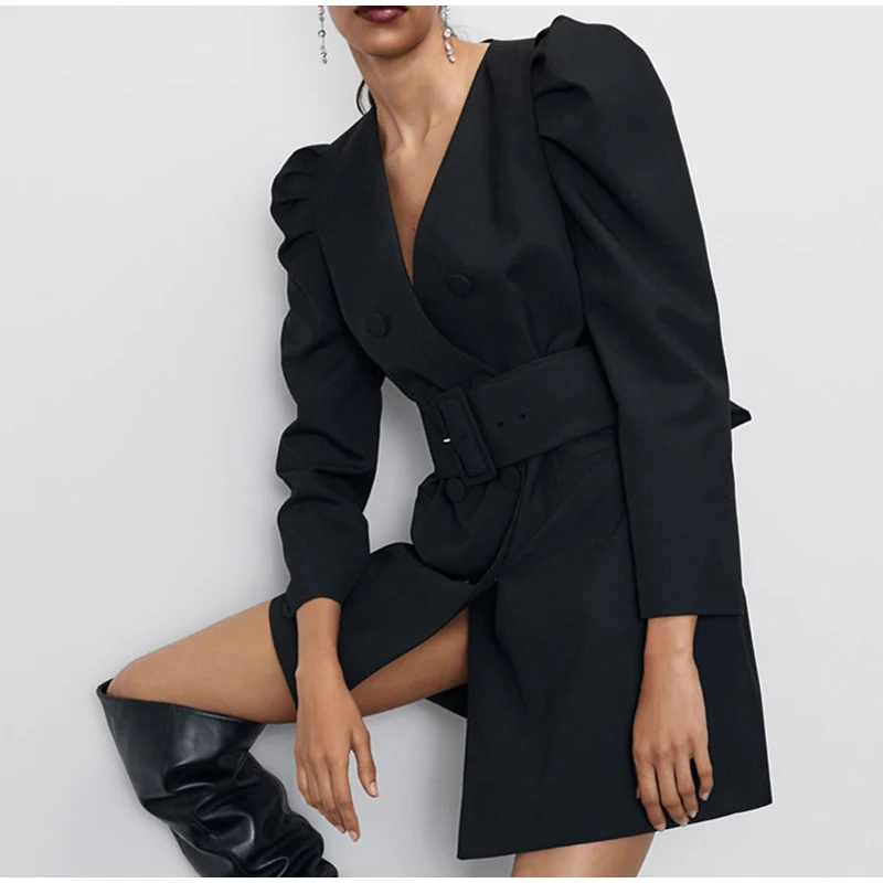 Черное тонкое женское платье-блейзер с поясом, Осенний элегантный двубортный женский пиджак, модные женские Пиджаки в стиле пэчворк, Vestidos