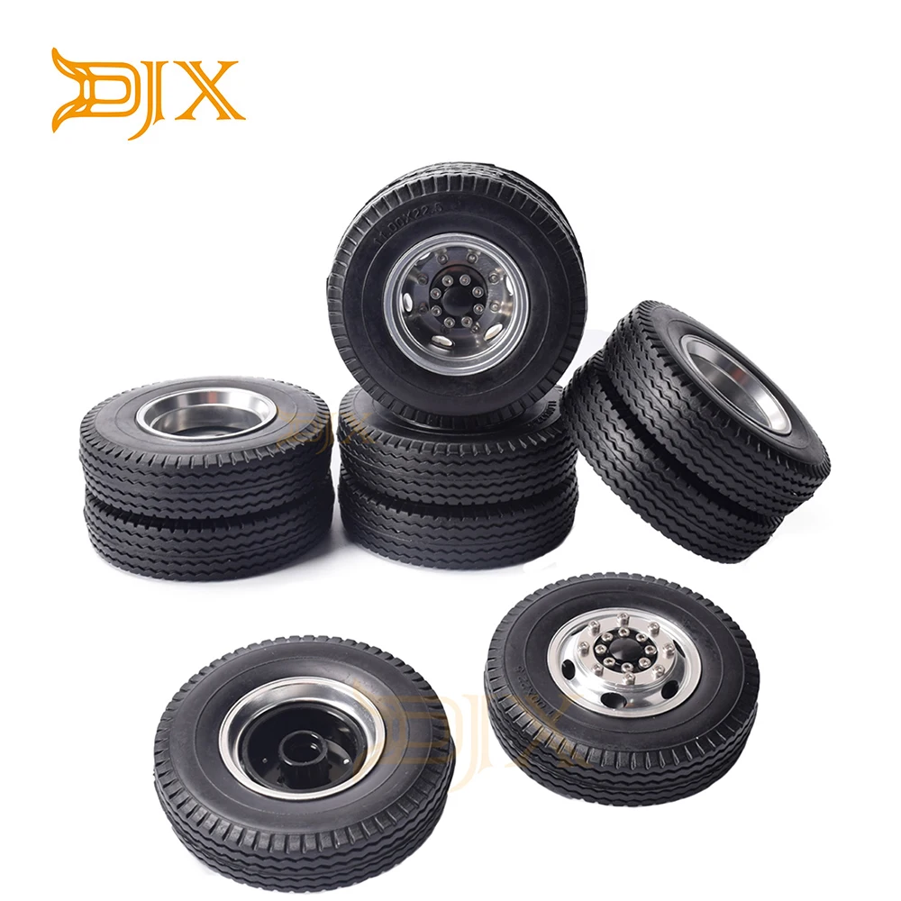 2Front Wheels & Tires Front&Rear Rubber Low Loader Wheels with Aluminum Rims for Tamiya 1/14 RC Tractor Trailer Truck Tyres Replacement 