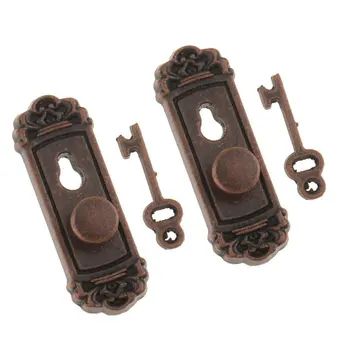 

Pack of 2 1:12 Dollhouse Miniature Hardware Vintage Metal Door Knob Lock and Key Set for Doll Hose Decorations