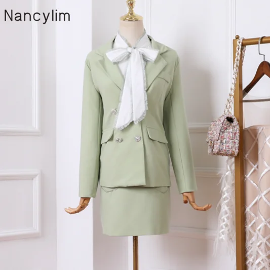 

Fashion Sets Women's Autumn Jacket + Bow Tie Shirt + Embedded Drill Diamond Buttons Skirt Three-piece Set Femme Office Wear