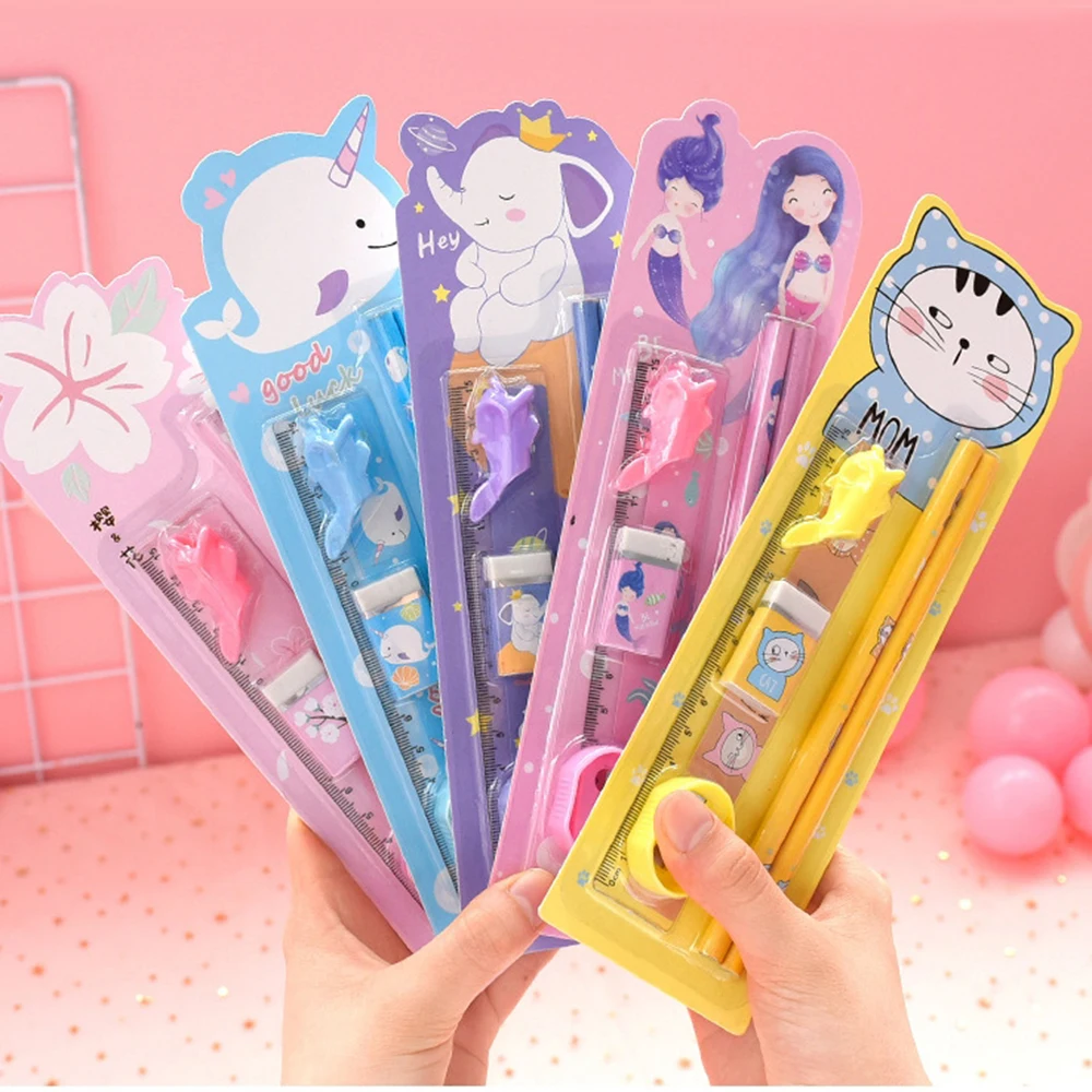 

6pcs/set Kawaii Cartoon Rabbit HB Wood Pencils Kids Sketch Study Pencils with Ruler Eraser Grip Sharpener Gift Stationery Set