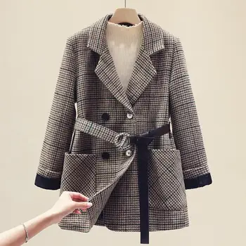 

Fashion Spring Autumn Plaid Woolen Blazer Women Sashes Loose Suits Jacket Coat Female Office Blazer Clothes Women's Femme Veste