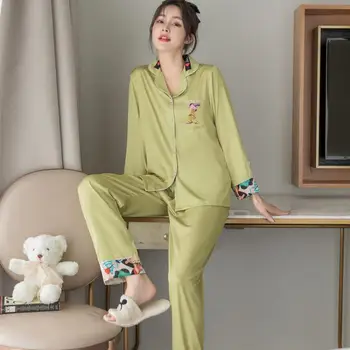 

Green Lapel Pajamas Suit Women Print Flower Autumn New Pijamas Suits Intimate Lingerie Casual Green 2PCS Sleep Set Nightwear