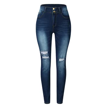 

Women's Lady Fashion Slim Hole High Waist Jeans Pockets Solid Color Jeans Pants High Waist Elastic plus size Stretch denim pants