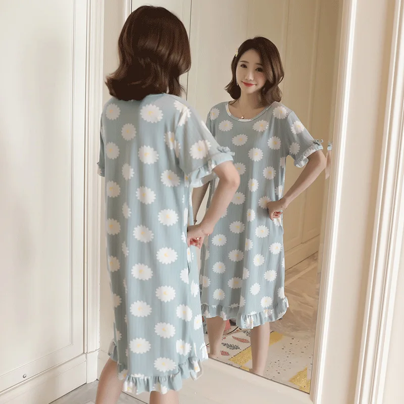 

Nightgown Women's Summer Short-sleeved Thin Korean-style Fresh Students Long Pajamas Loose And Plus-sized Pregnant Women Spring
