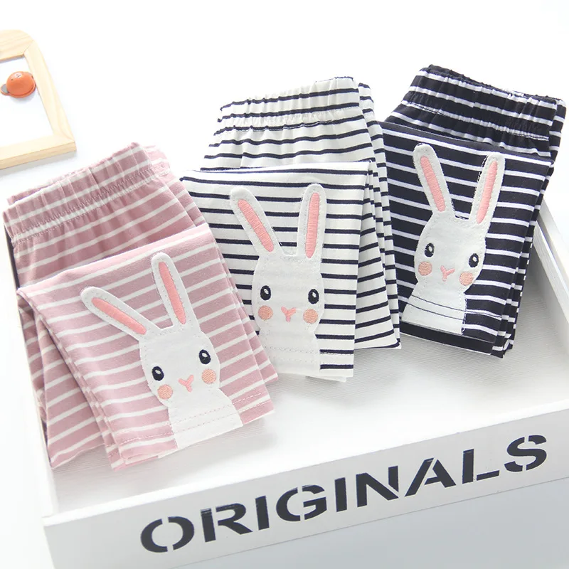 

9021 Tmall Signature-Applique Bunny Stripes Capri Pants Girls Summer Pure Cotton Leggings Crawler
