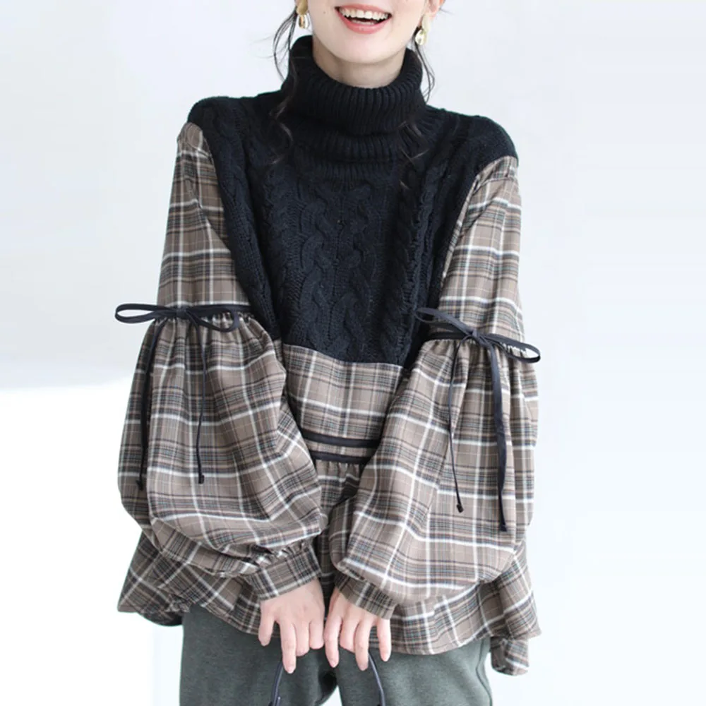 

Patchwork Plaid Sweater Women Turtleneck Long Sleeve Oversized Knitting Pullover Tops Female Spring 2020 Korean Japanese Style
