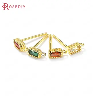 

6PCS 3x7MM 24K Gold Color Brass and Zircon 925 Sterling Silver Pins Rectangle Shape Stud Earrings Pins Jewelry Making Supplies