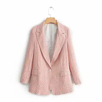

Women Vintage Single Button Plaid Blazer Spring Summer Pockets Jackets Female Retro Suits Coat Work Outerwear Pink