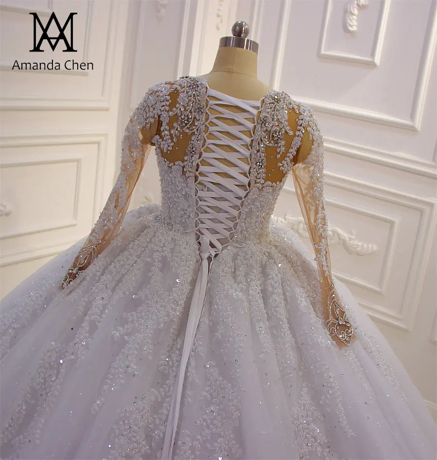 Vestido de novia princesa/кружевное платье с длинными рукавами, аппликация со стразами и кристаллами, белоснежная свадебная одежда