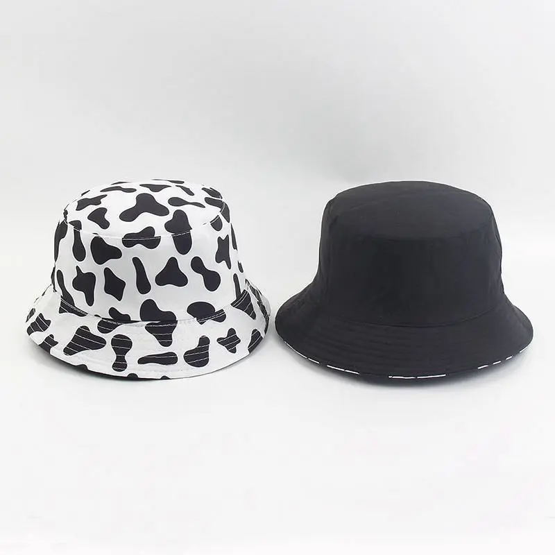 2020 New Fashion Cow Print Hat Summer Hats For Women Gorras White Black Bucket Hat Reversible Fisherman Caps