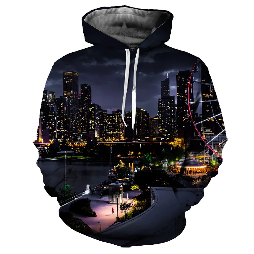 

REAL American US SIZE Fashion High Quality Skyline Night Vibes Sublimation Printing Plus Size 5XL 6XL Hoodies