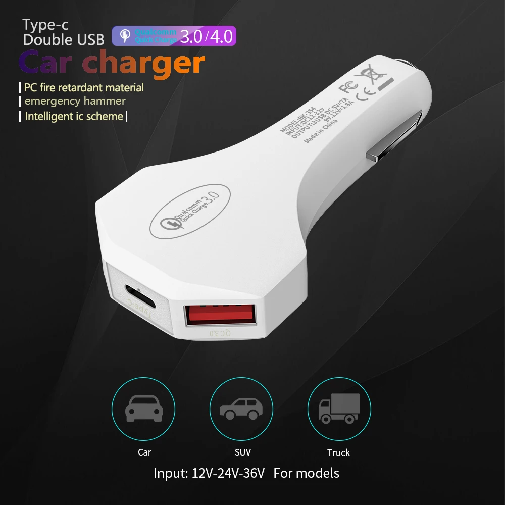 Автомобильное зарядное устройство usb type C, быстрая зарядка 4,0, двойное автомобильное зарядное устройство USB QC3.0, автомобильное зарядное устройство для мобильного телефона Sumsang S8 huawei Xiaomi Mi 9