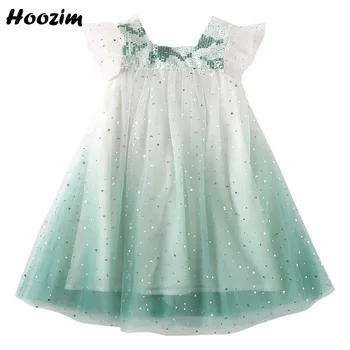 

Princess Pink Tulle Ruffle Sleeve sequin square collar Dress Girls 4-11 Years Summer Stick Star And Moon Gradient Dresses Child